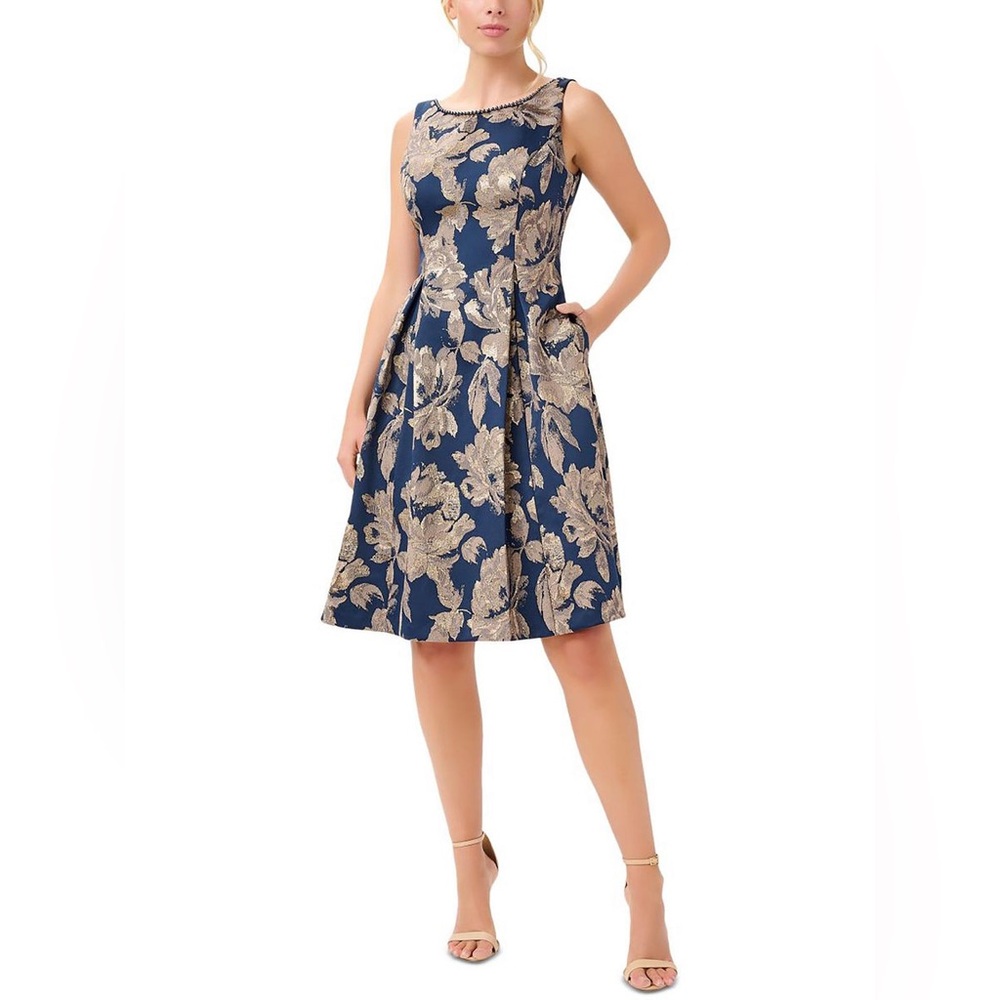 Adrianna Papell Navy and Gold Floral Midi Dress